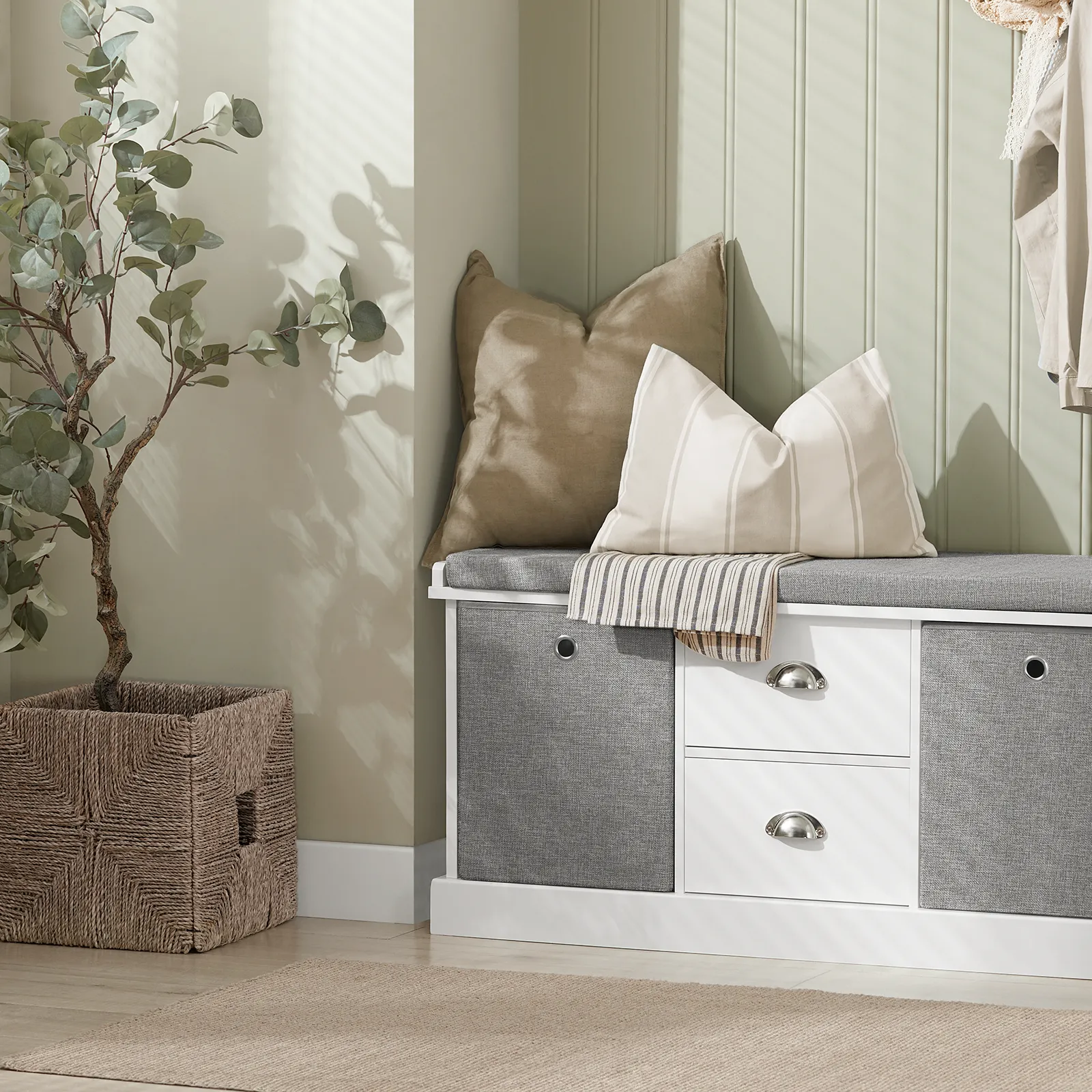 SoBuy FSR66-HG,2 Baskets 2 Drawers Hallway Bedroom Storage Bench,Shoe Bench,Shoe Cabinet with Seat Cushion