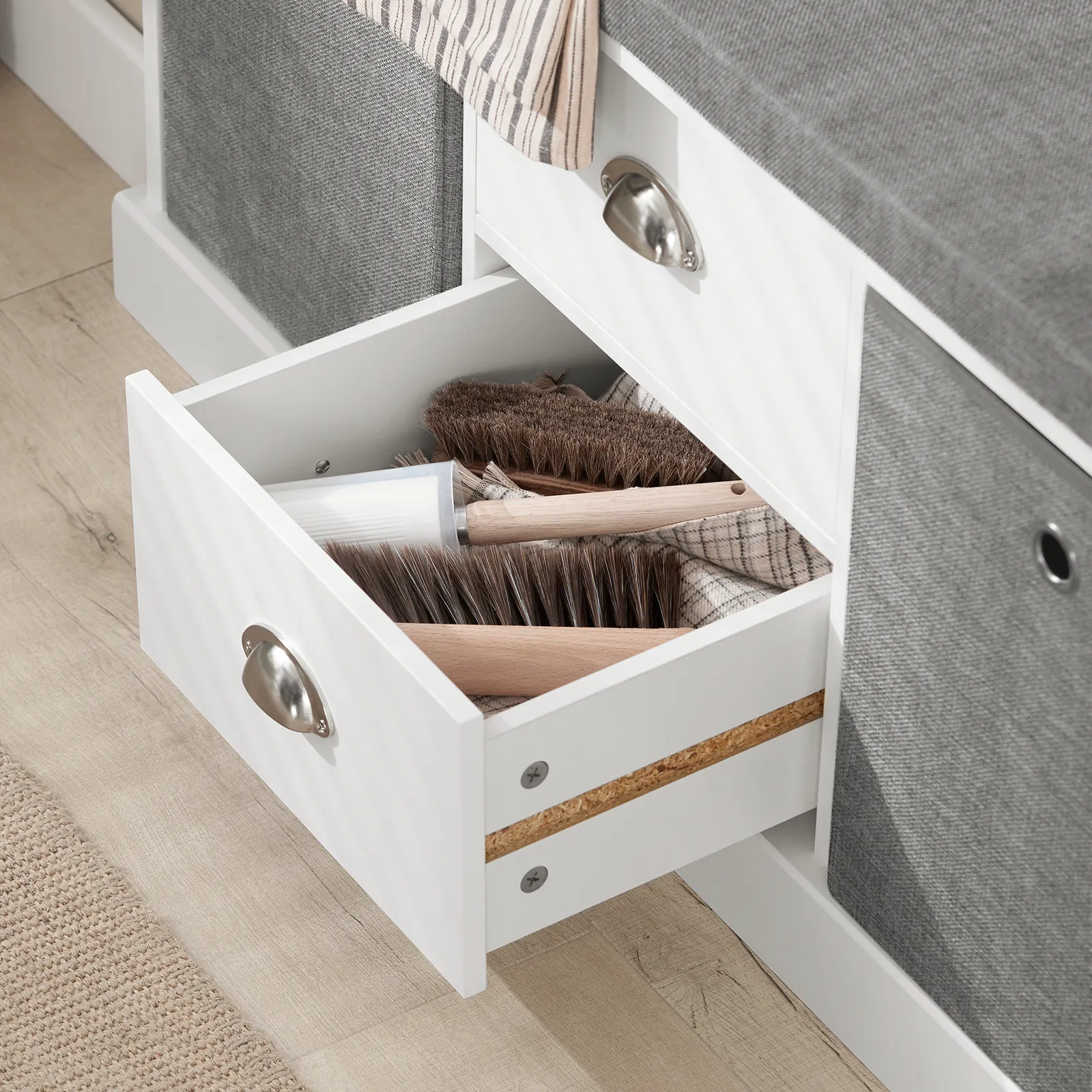 SoBuy FSR66-HG,2 Baskets 2 Drawers Hallway Bedroom Storage Bench,Shoe Bench,Shoe Cabinet with Seat Cushion