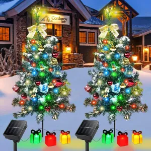 Solar Mini Christmas Tree Light Outdoor Decoration, 30 Inch Solar Tree Lights with 30 LED 8 Flashing Modes Decorated Prelit Gift Boxes & Ornaments for Pathway Patio Yard Garden Cemetery, 2PCS