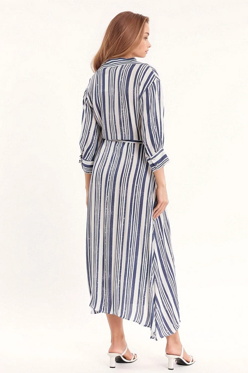 Striped Maxi Shirt Dress With 3/4 Sleeve And Belt In Blue And White