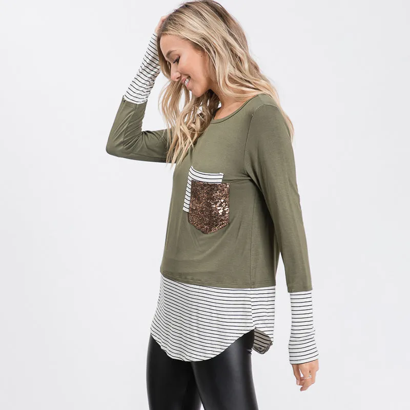 Sule Striped Hem Pocket Top Khaki