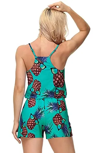 Tropical Loose V Neck Sleeveless Rompers with Pockets