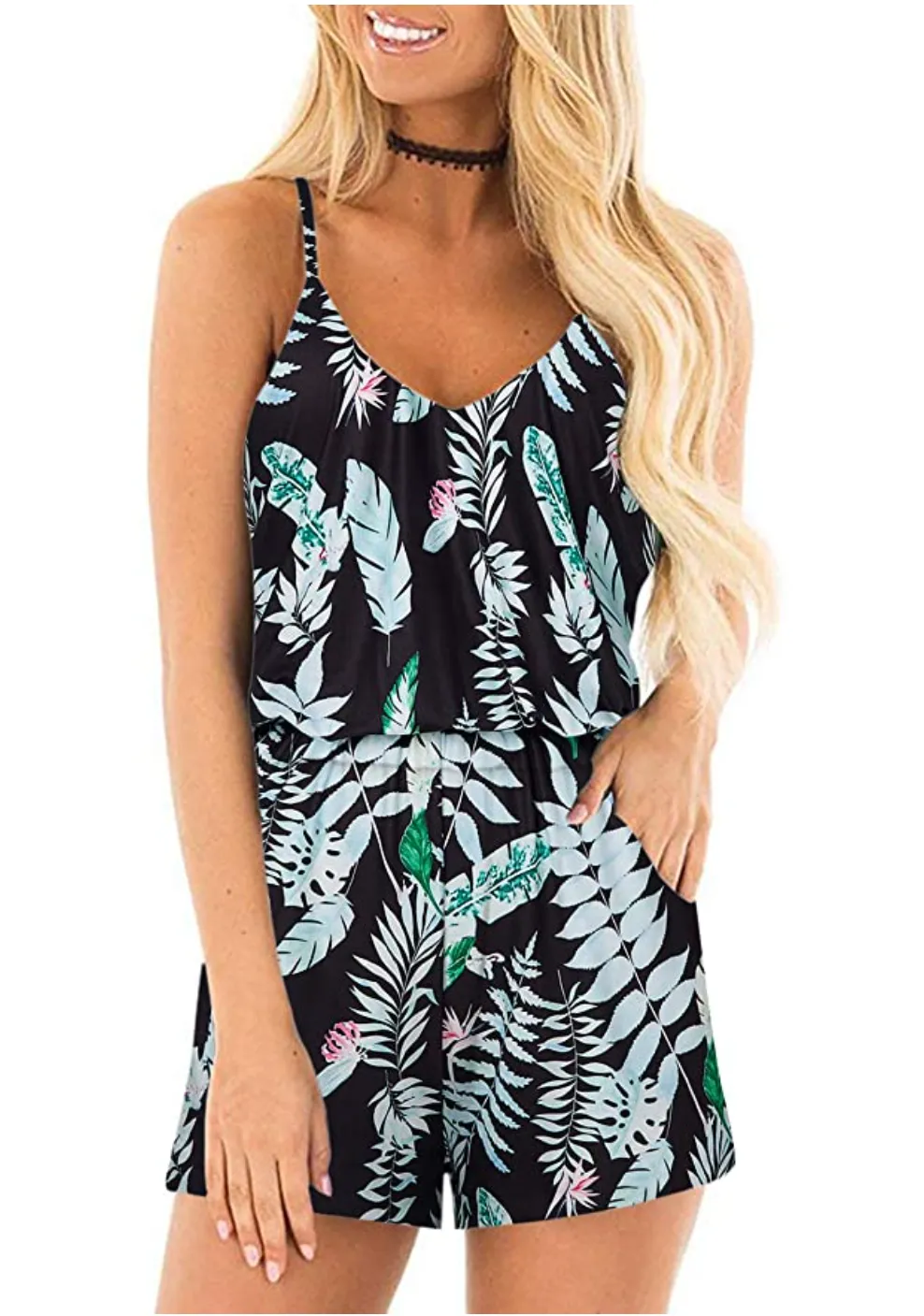 Tropical Loose V Neck Sleeveless Rompers with Pockets