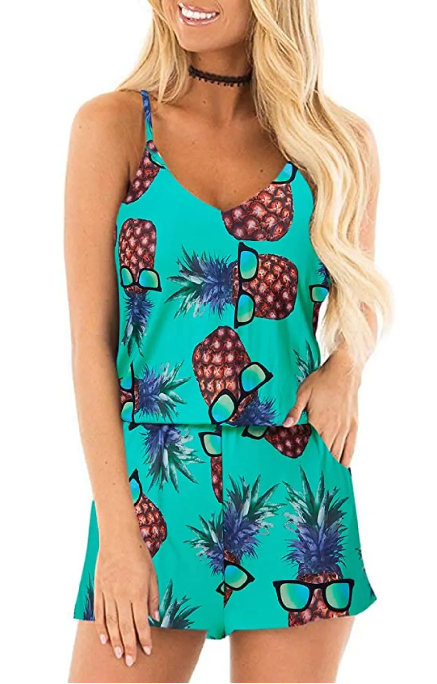 Tropical Loose V Neck Sleeveless Rompers with Pockets