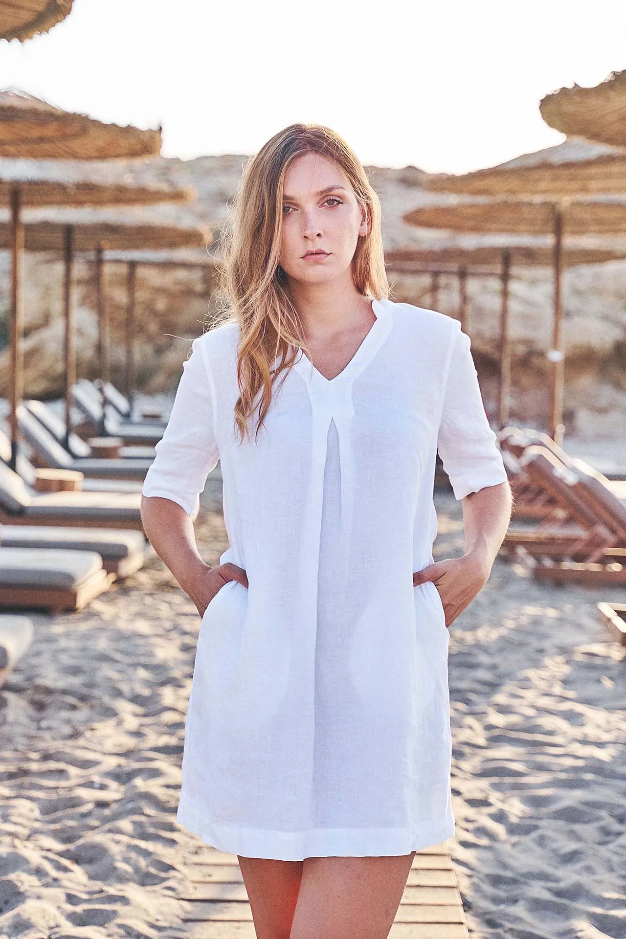 V-Neckline Linen Dress
