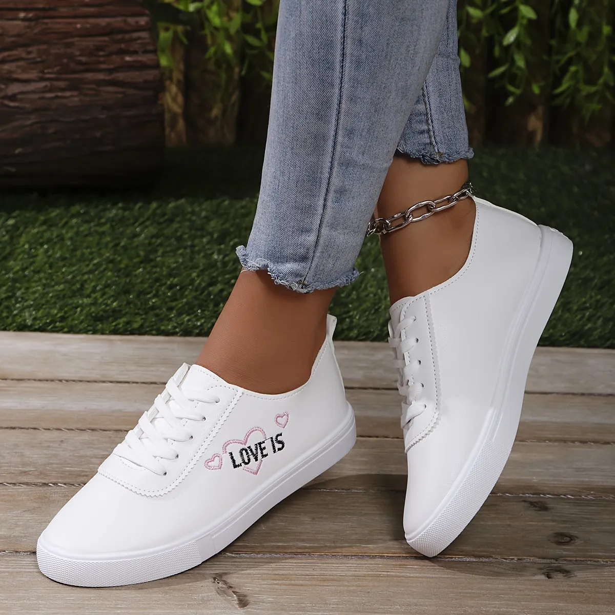 White skate sneakers For Women |  Heart Letter Lightweight SlipOn Shoes
