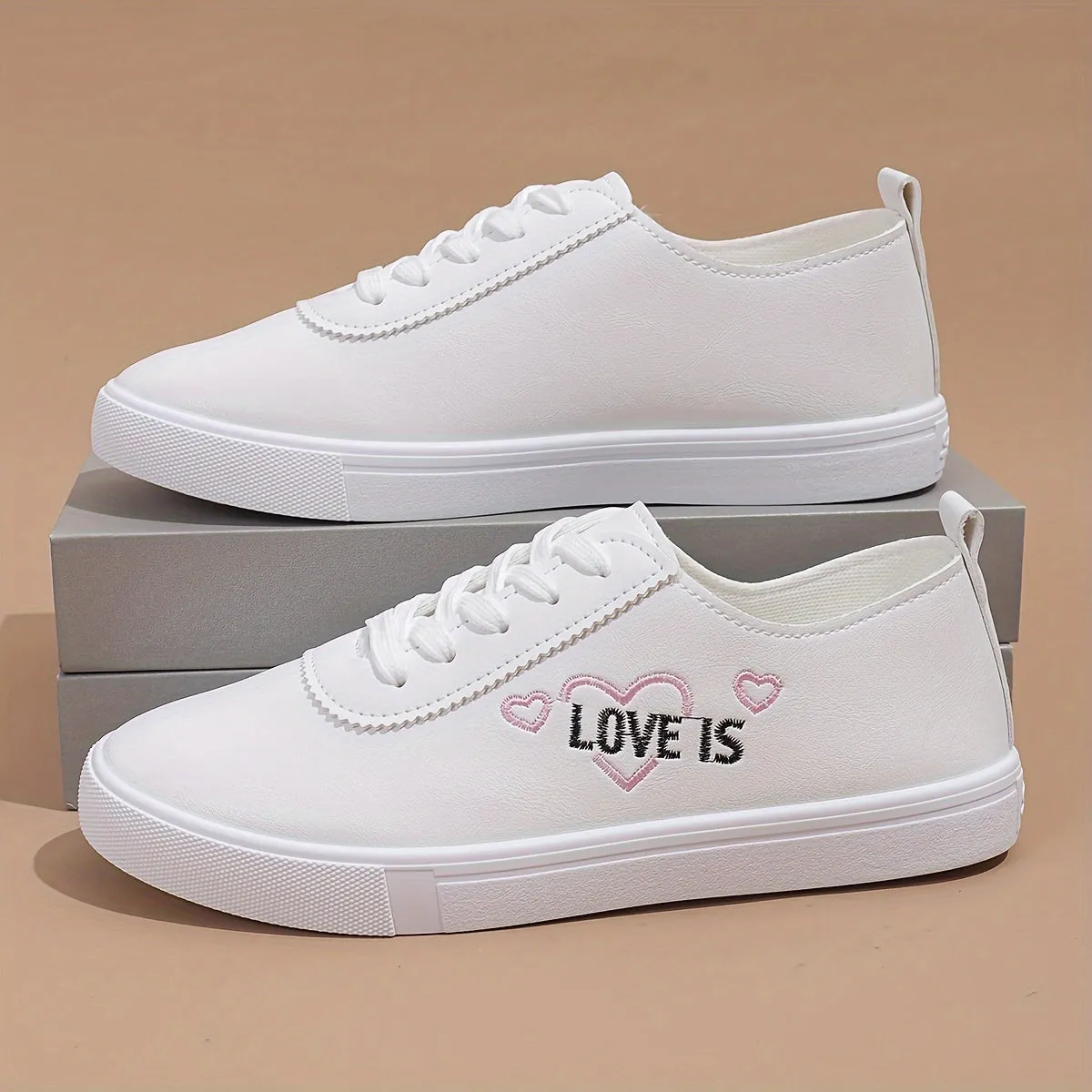 White skate sneakers For Women |  Heart Letter Lightweight SlipOn Shoes